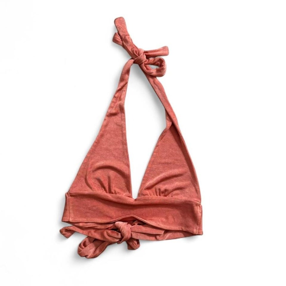 White Fox Boutique Halter Crop Top Women's Size Small Orange Bikini Tie Shiny